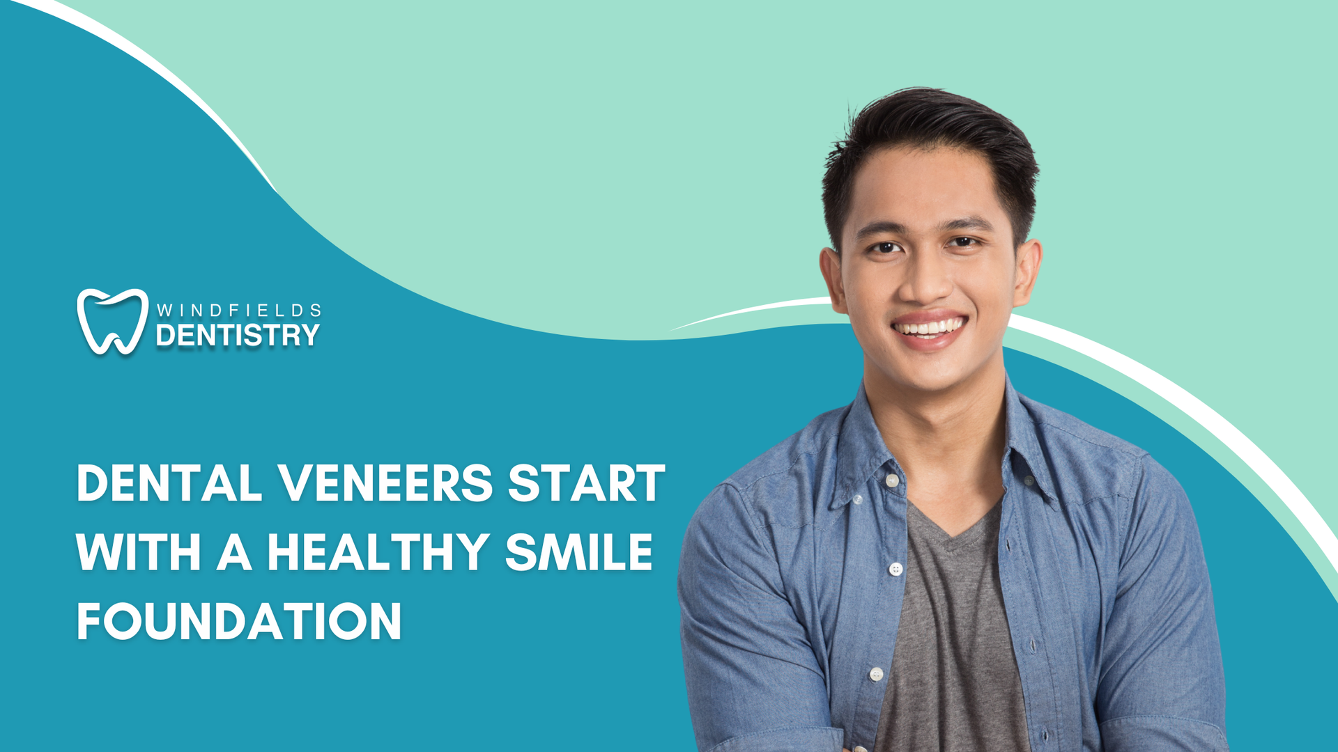 Man smiling in front of teal background; text promotes dental veneers with a healthy smile foundation.