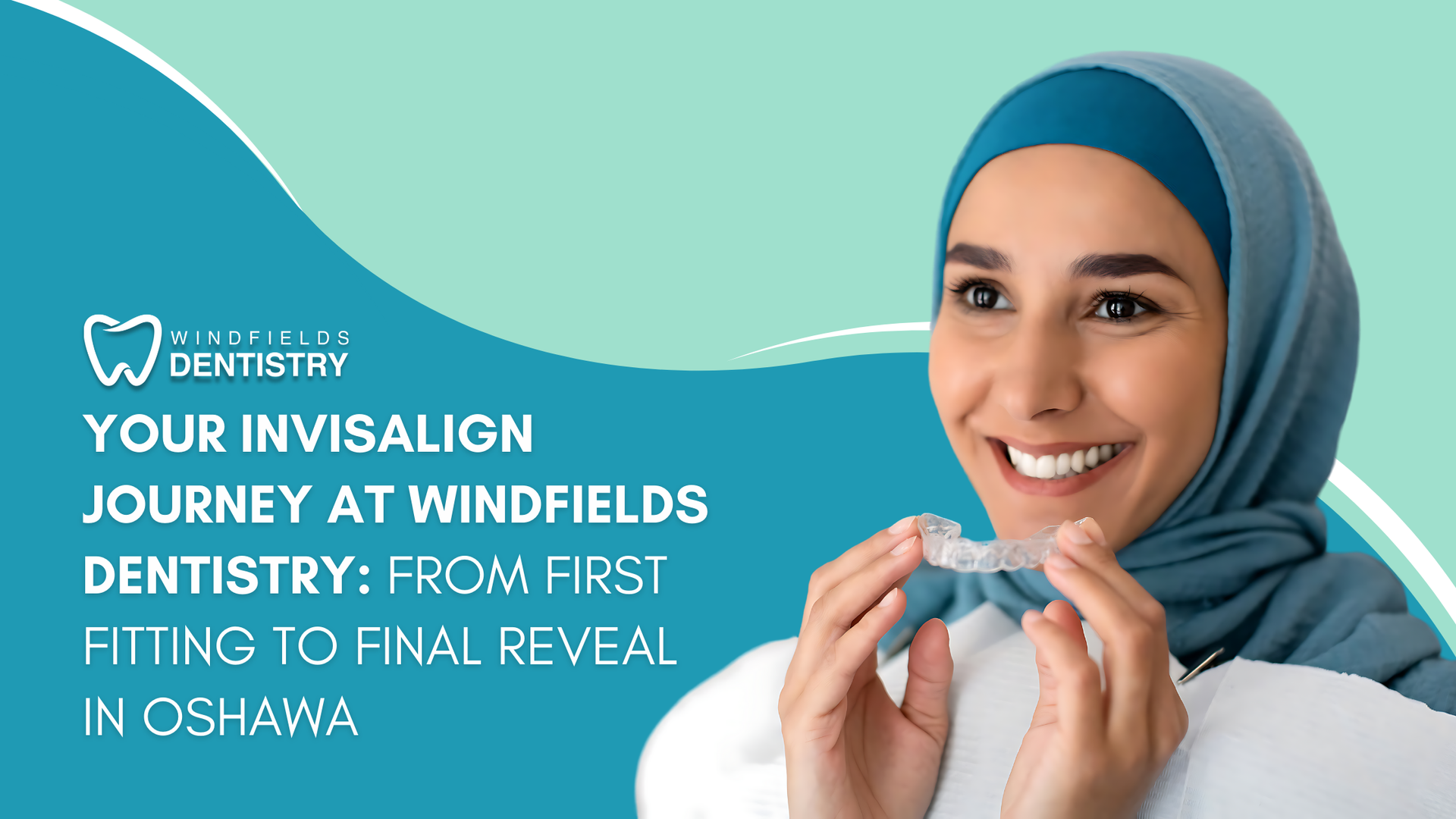 A woman in a hijab is smiling while holding a clear retainer.