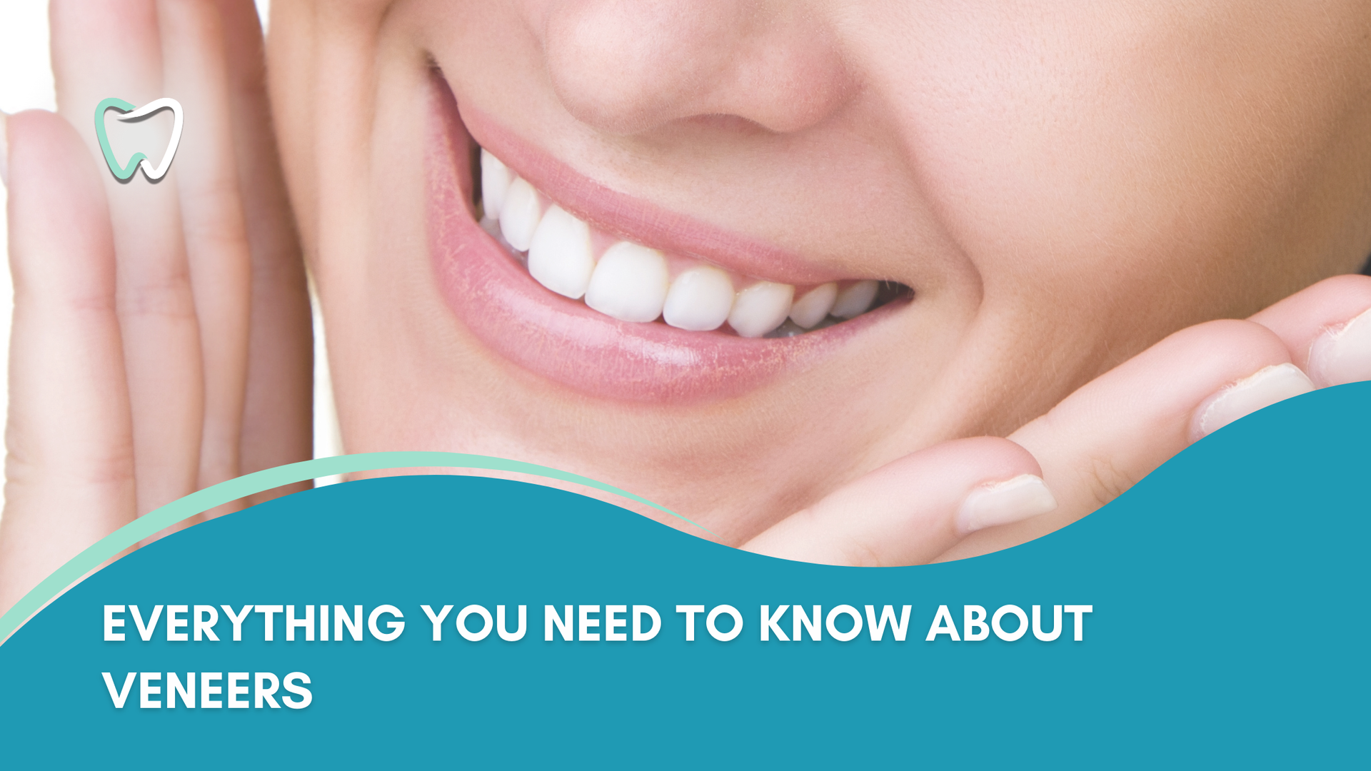 Close-up of a smiling woman with bright white teeth, promoting dental veneers. Turquoise background with text.