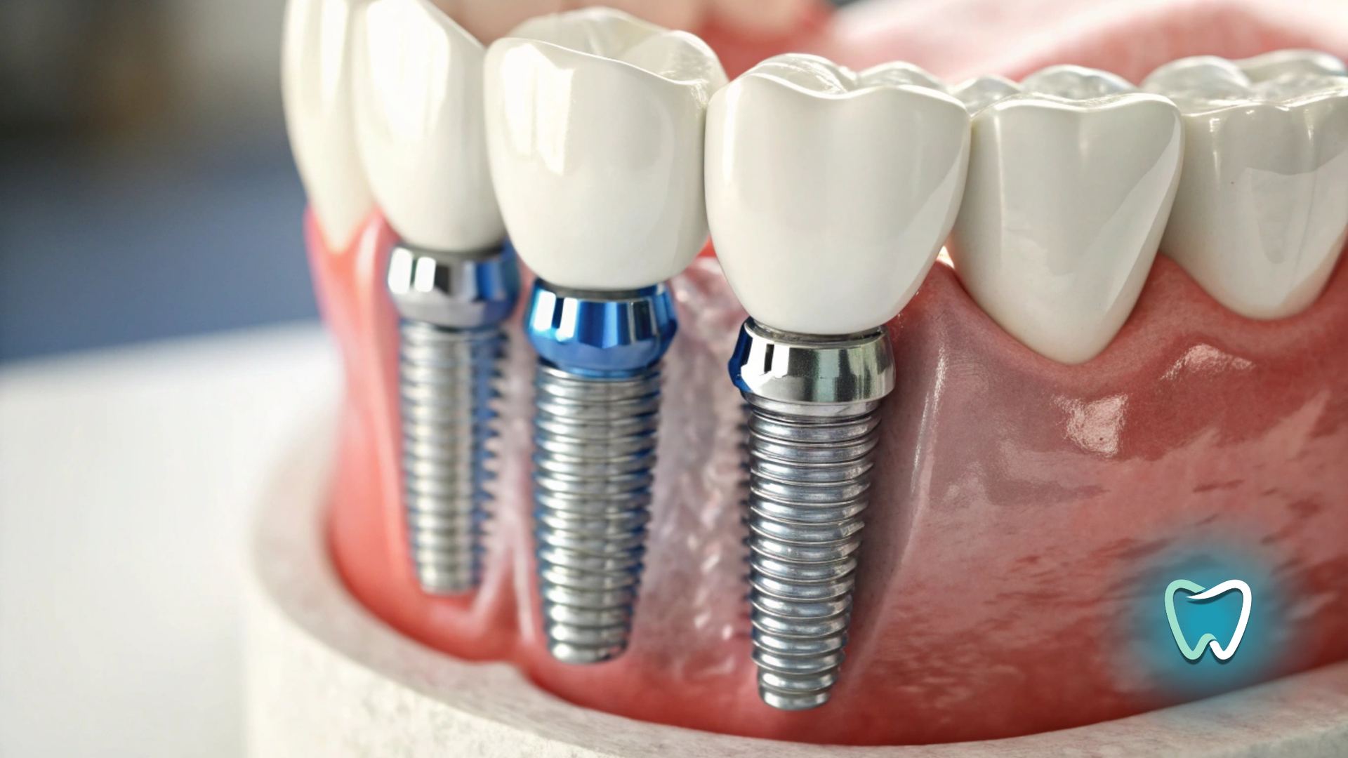 Close-up view of dental implants in gums, showing screw-like posts and white tooth crowns.