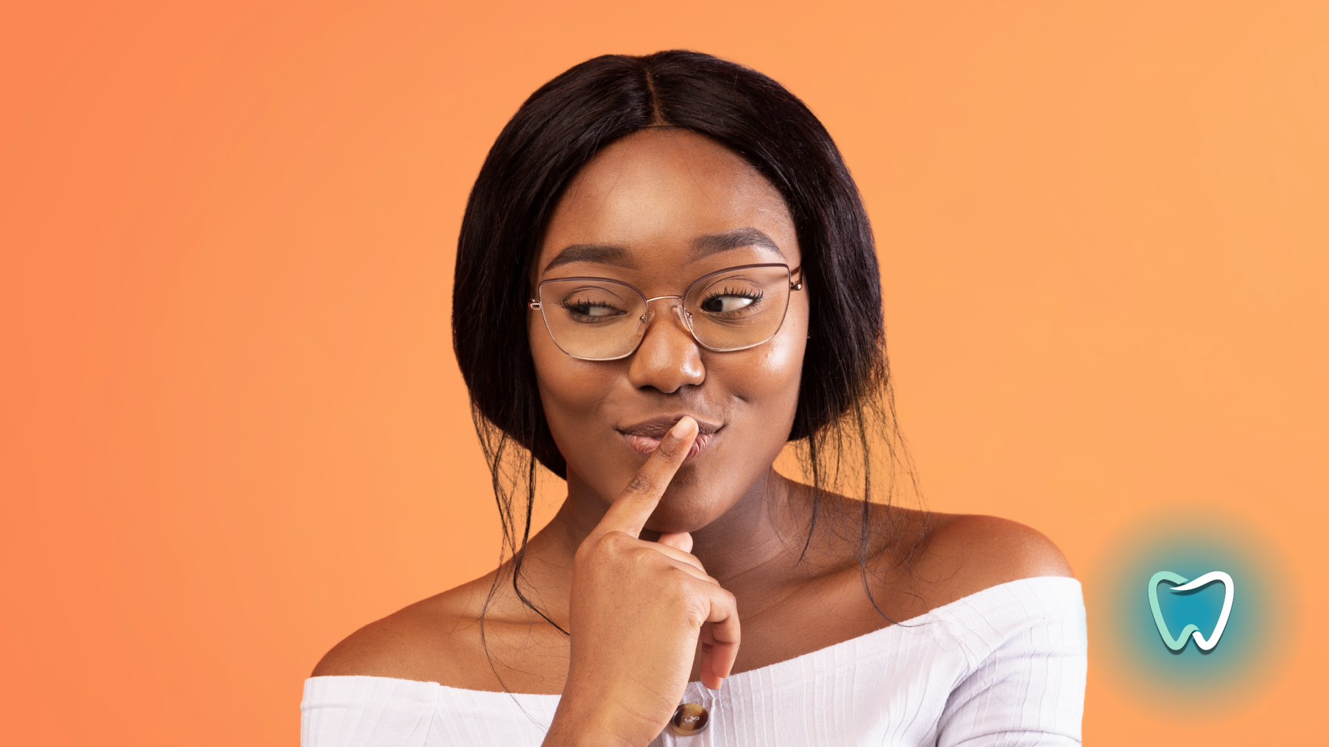 Black woman with glasses, thoughtful expression, finger on lips, orange background.