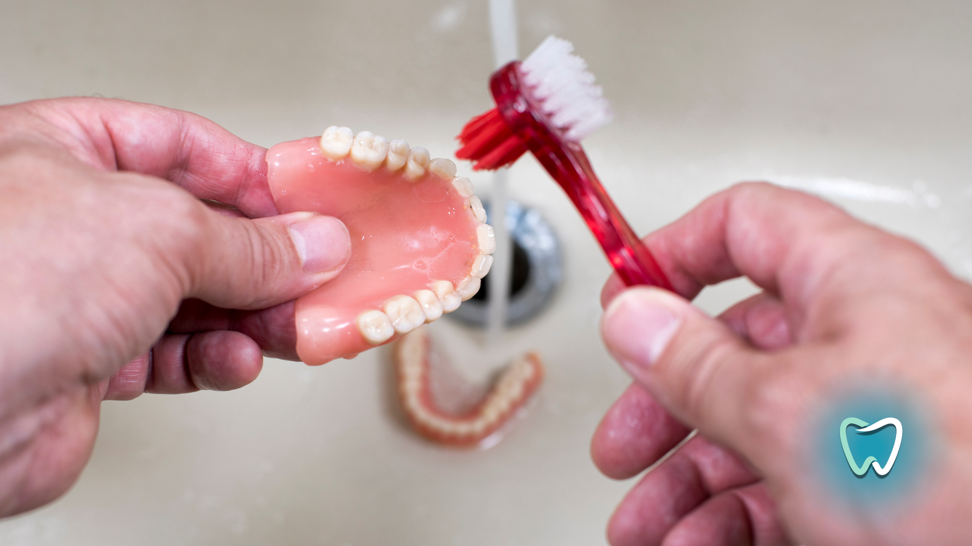 A person is cleaning a denture with a toothbrush in a sink.