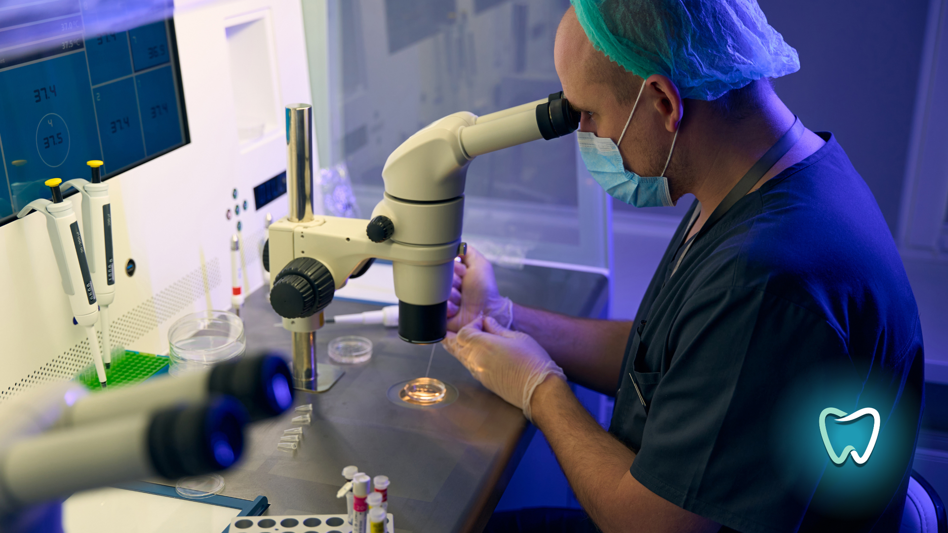 A dentist is looking through a microscope in a lab.