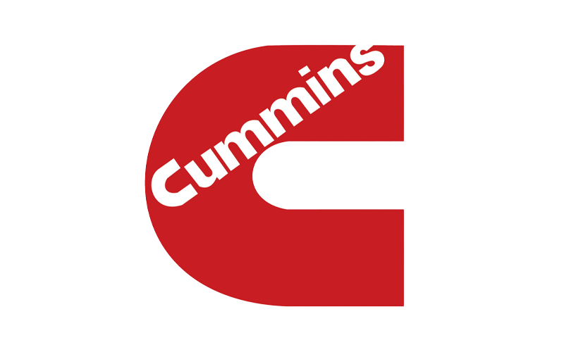 A red and white logo for cummins on a white background.