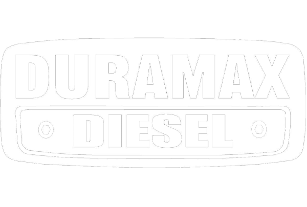 A white logo for duramax diesel on a white background.