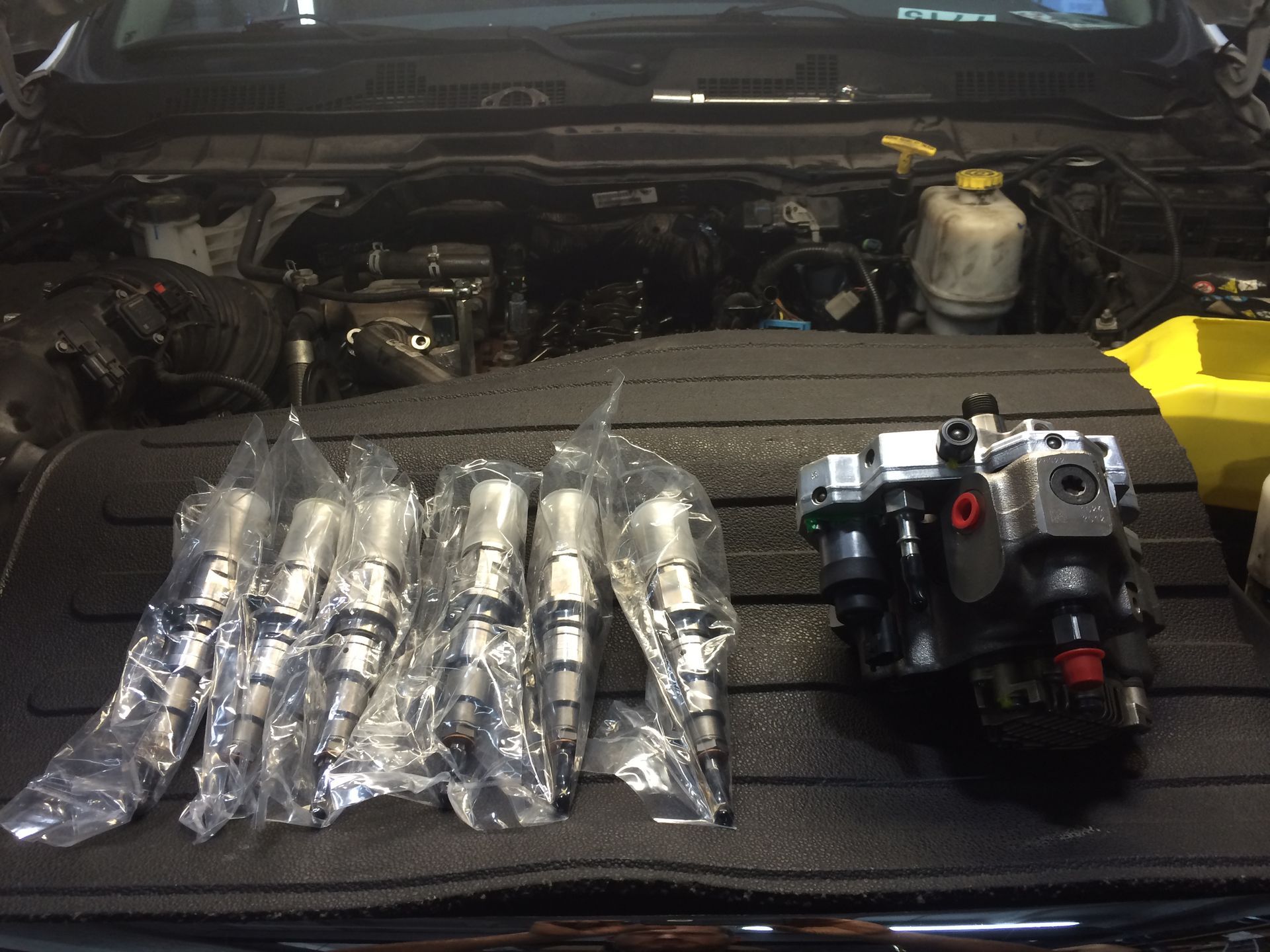 A bunch of fuel injectors are sitting under the hood of a car