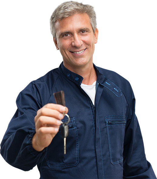 A man in a blue uniform is holding a pair of car keys