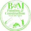 Logo for B&M Painting & Construction in lime green featuring icons of construction work and phone number (606) 389-6806.