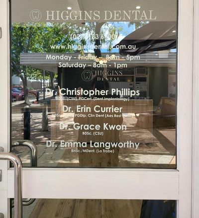 A Glass Door With a Sign on It That Says Higgins Dental — Signworld In Mitchell, ACT