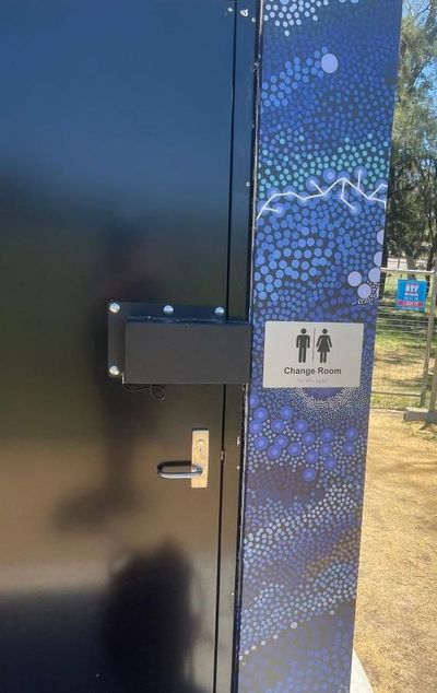 A Blue Door With a Sign on It That Says Toilets — Signworld In Mitchell, ACT
