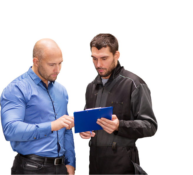 Two men are looking at a clipboard on a white background | Keck's Repair Inc