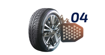 A close up of a tire and a brake pad on a white background. | Keck's Repair Inc