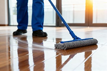 Person in blue cleans a shiny wooden floor with a blue mop.