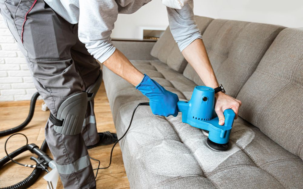 Person in gray work pants and blue gloves cleans a gray couch with a blue cleaning tool.