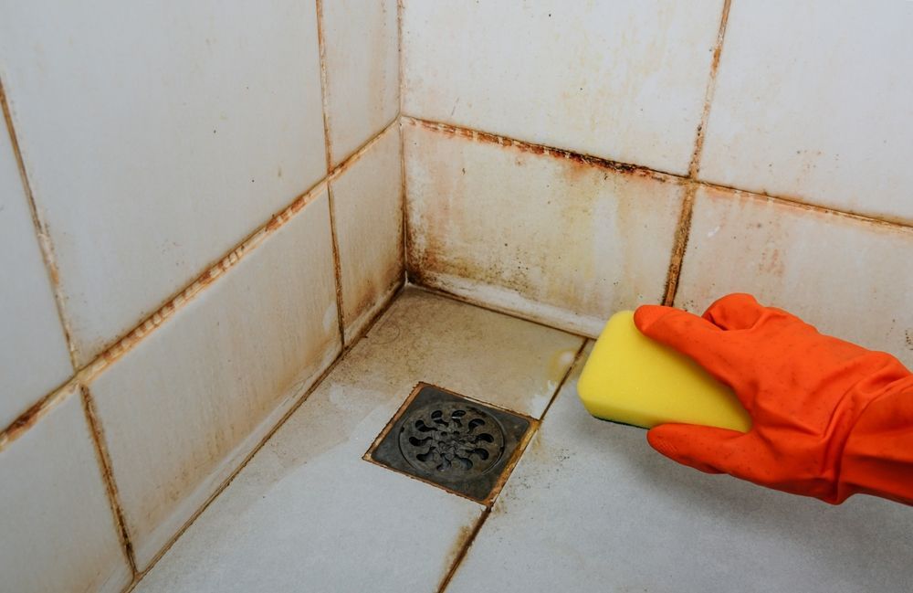 A person wearing an orange glove scrubs a moldy white tiled shower corner with a yellow sponge.