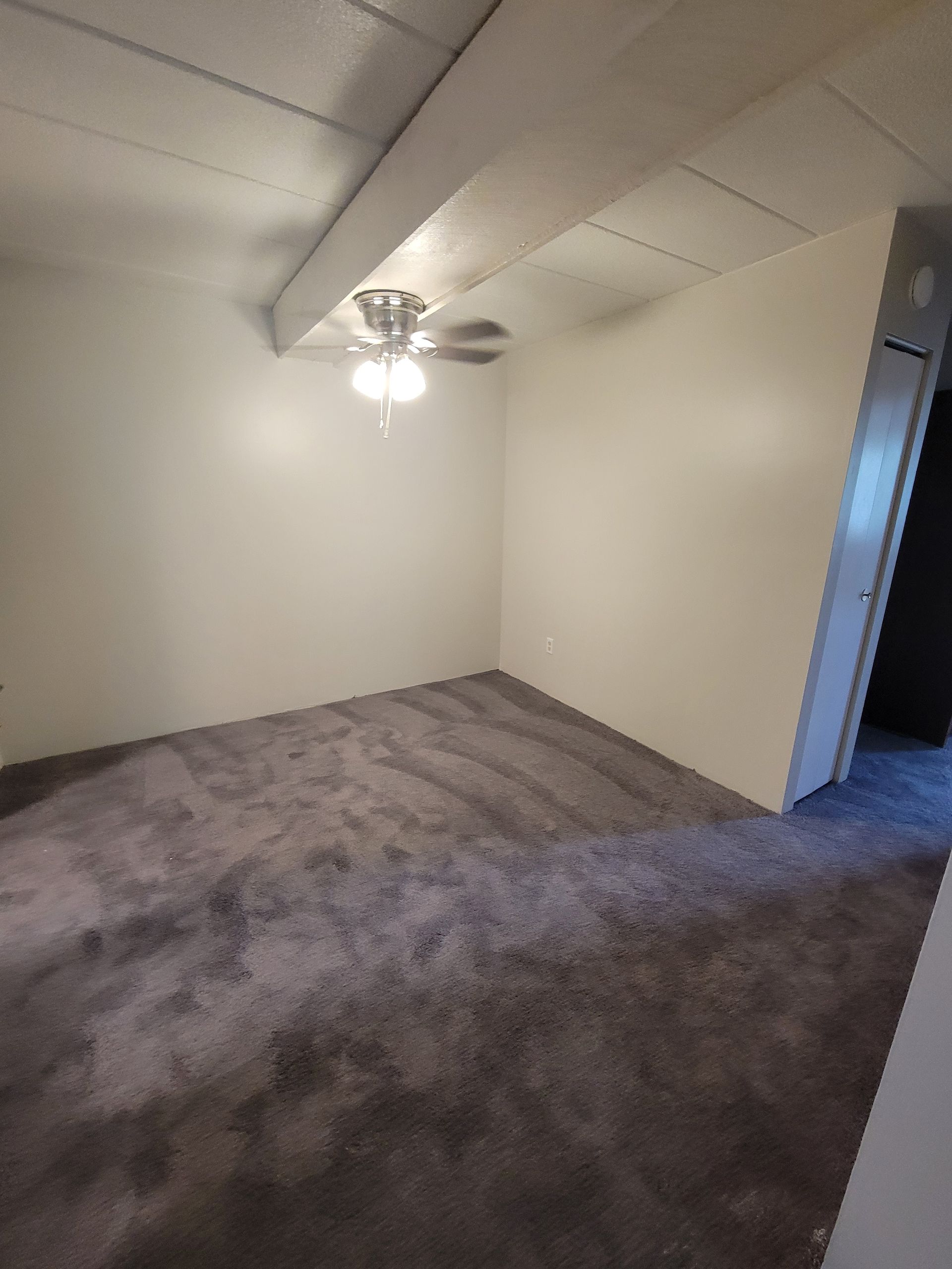 An empty bedroom with a ceiling fan and a gray carpet.