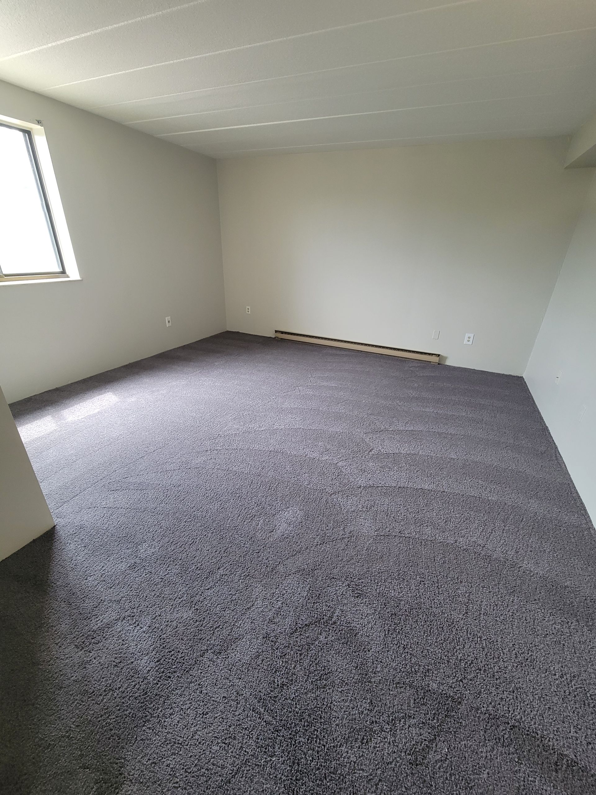 An empty room with a gray carpet and a window.
