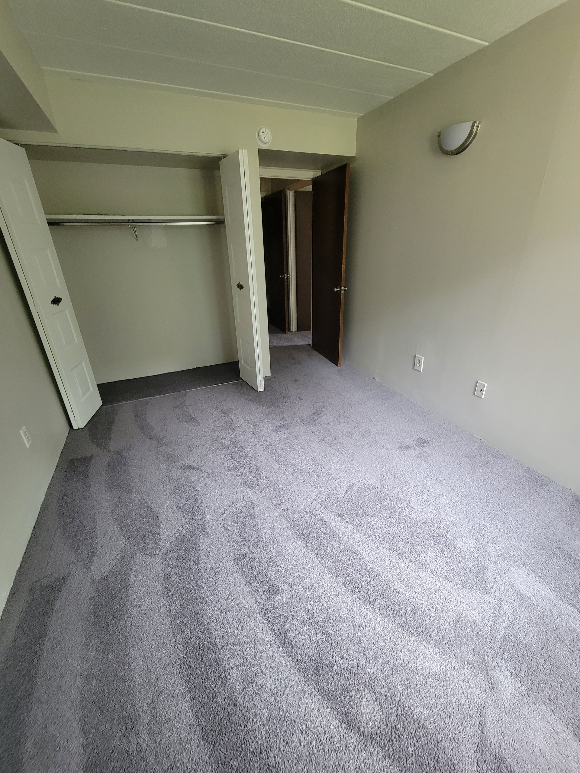 An empty bedroom with a purple carpet and a closet.