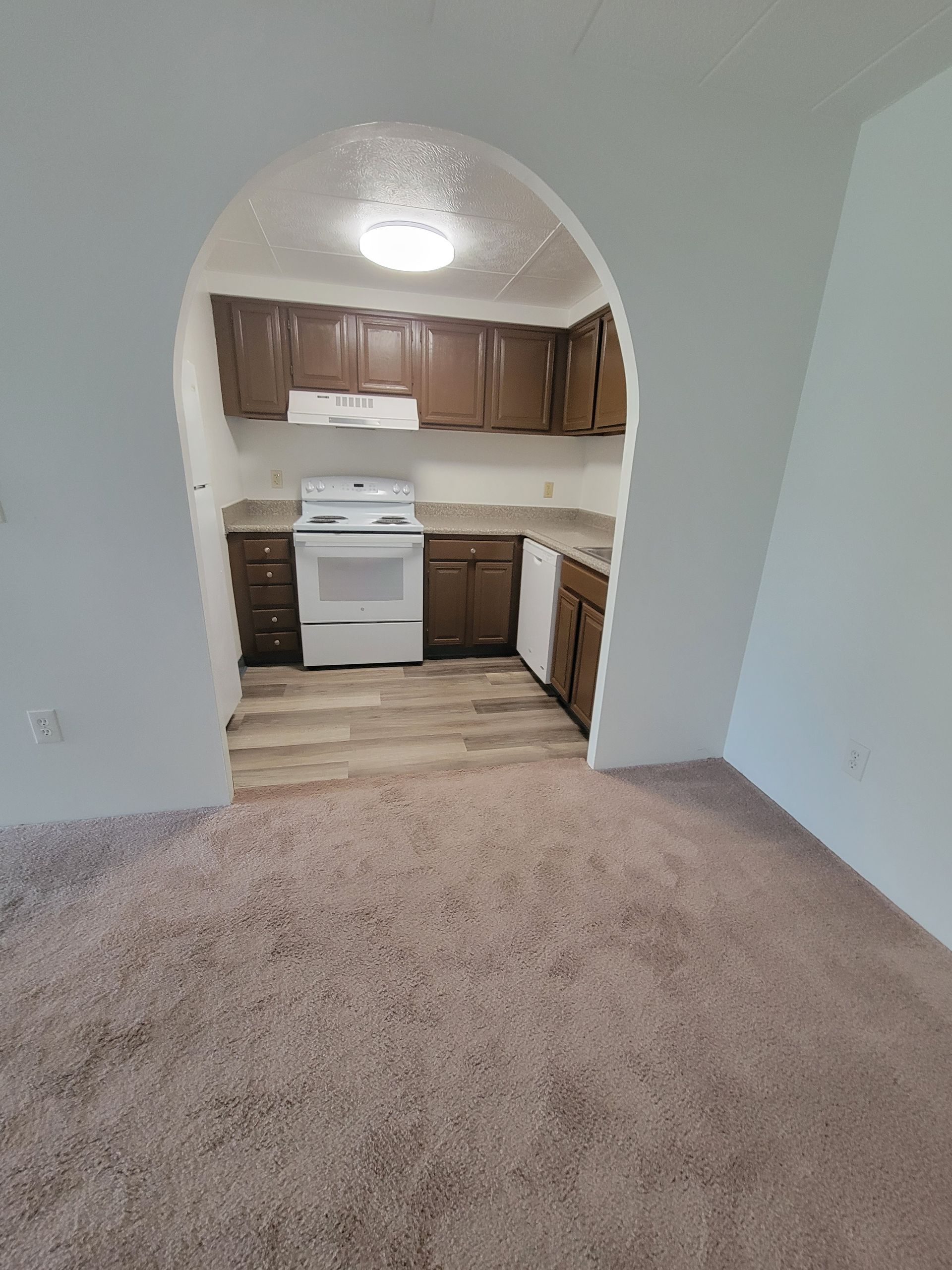 A kitchen with a stove , oven , cabinets and a carpeted floor.
