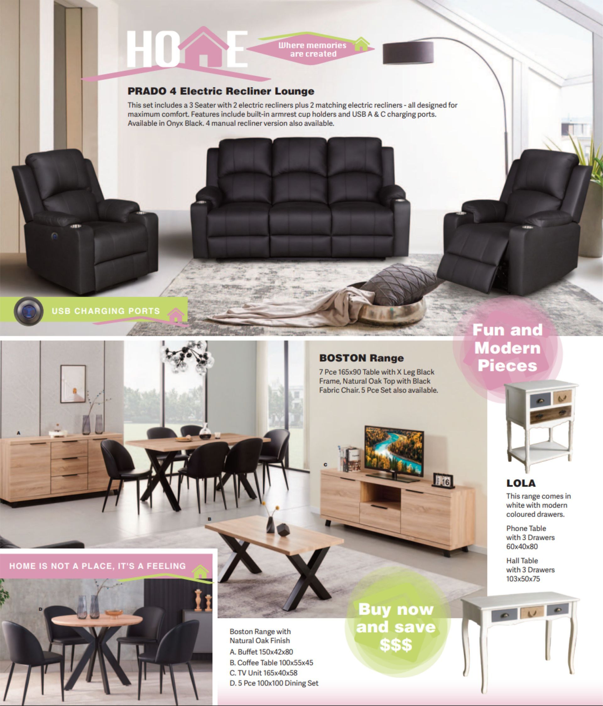 Home furniture sets displayed: black leather living room set, modern dining set, and side tables.