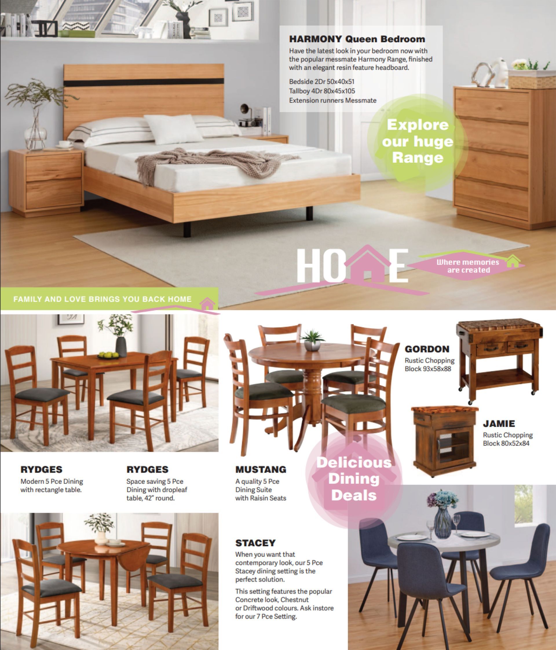Bedroom and dining furniture sets in a home furnishings advertisement.