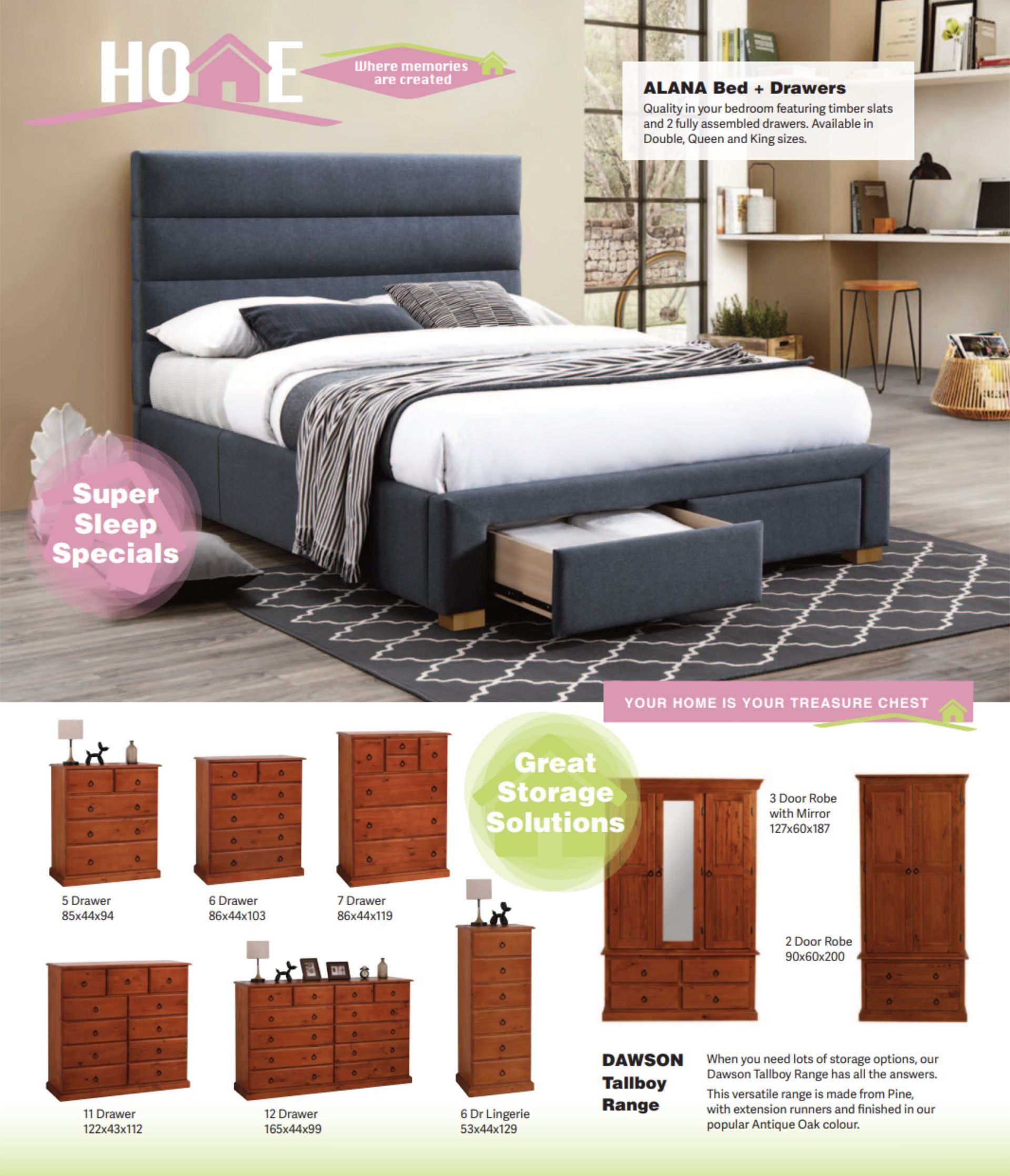 Bedroom furniture advertisement: bed with storage, dressers, and a wardrobe in a catalog layout.