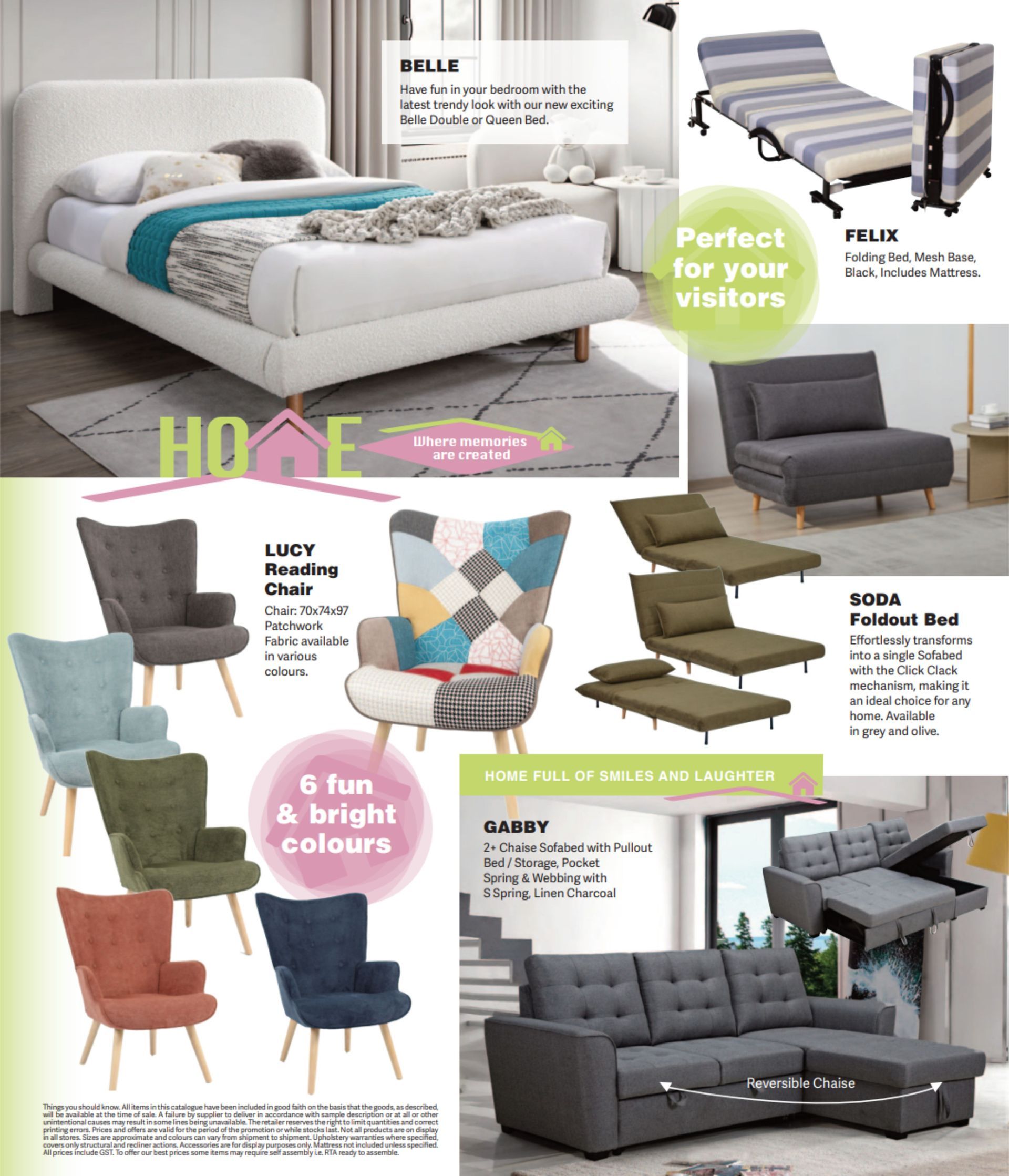 Bedroom and living room furniture displayed: bed, chairs, futon, and sofa-bed.