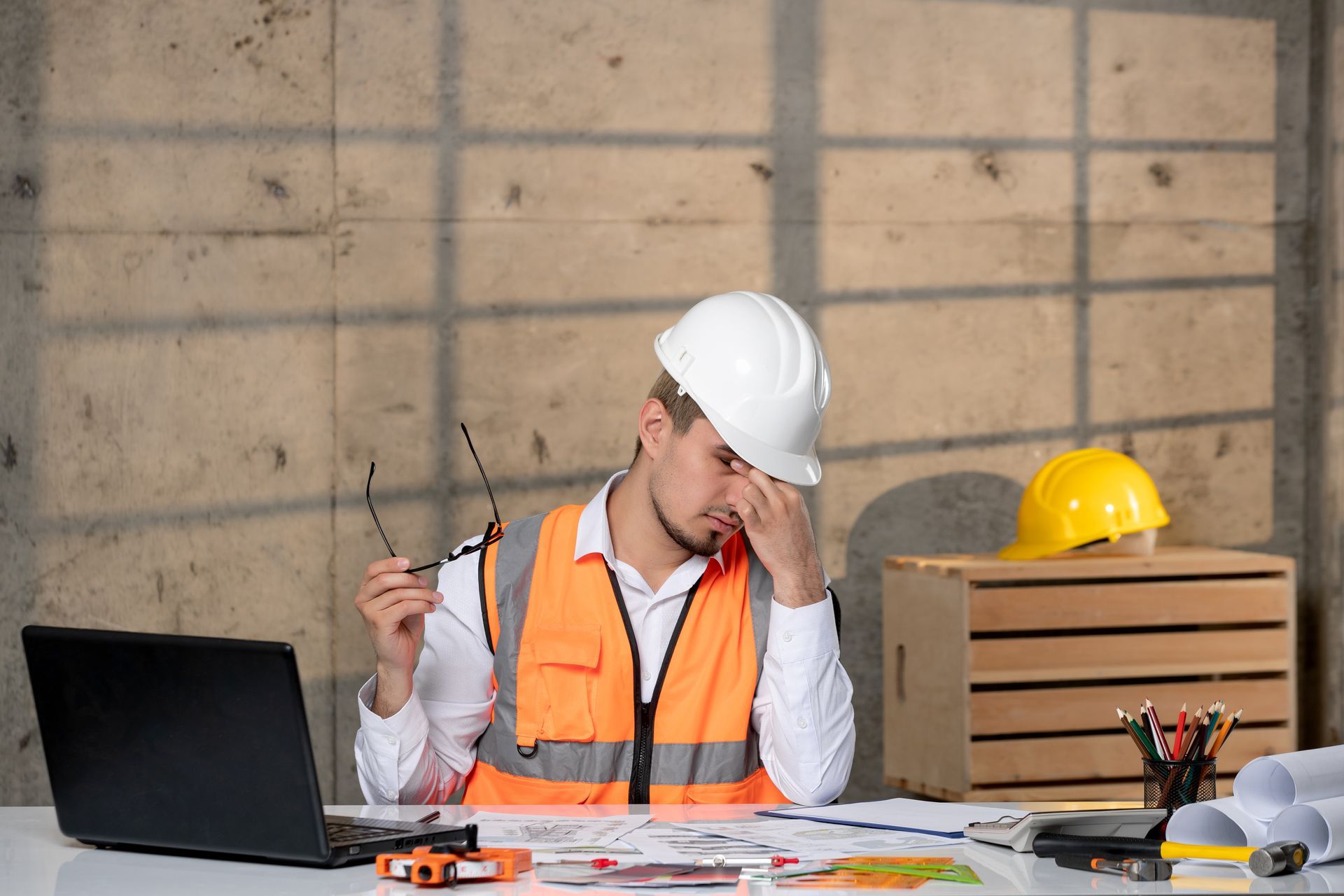 A stressed civil engineer in a white hard hat and safety vest rubs his eyes at a desk covered in blueprints and tools, illustrating the frustrations of traditional insurance volatility.
