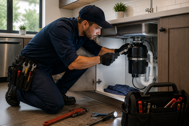 Plumber kneeling under a sink, repairing pipes with tools laid out on the kitchen floor.