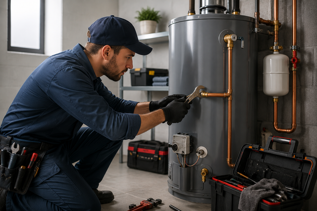 Technician repairing a boiler system with tools in a utility room, surrounded by pipes and equipment