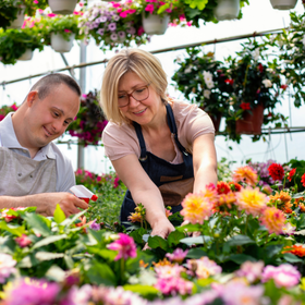 Man and woman in garden, tending to flowers and plants