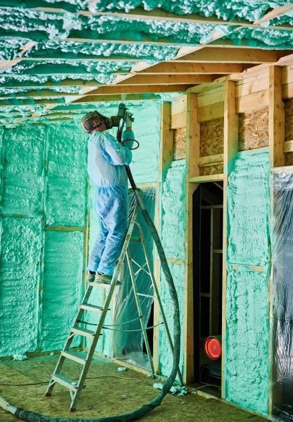 A man is standing on a ladder spraying foam on a wall.