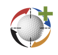 Golf ball at the center of a circular design with arrows and a green plus sign.
