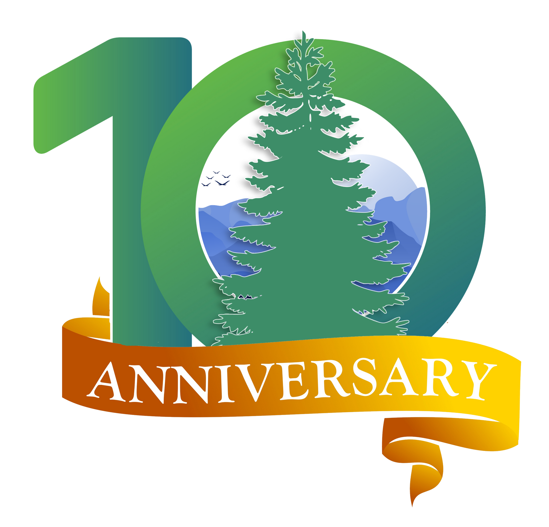 A 10th anniversary logo with a pine tree and mountains in the background