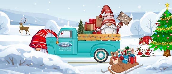 Two gnomes are driving a blue truck with gifts in the back.