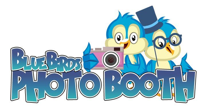 A logo for blue birds photo booth with two blue birds