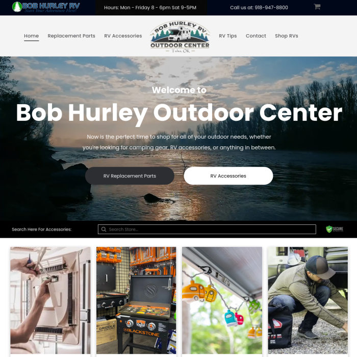 The website for bob hurley outdoor center is displayed