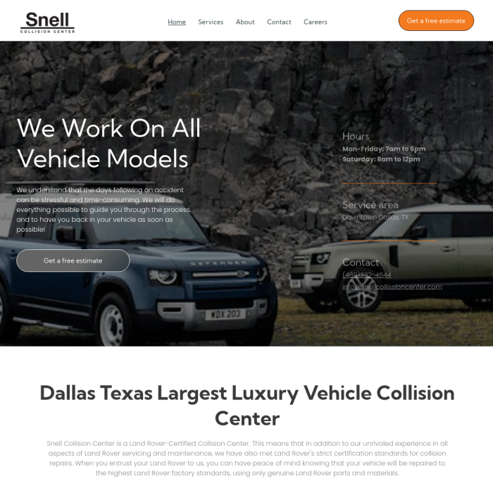 A screenshot of the dallas texas largest luxury vehicle collision center website.