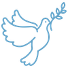 a blue line drawing of a dove holding an olive branch .
