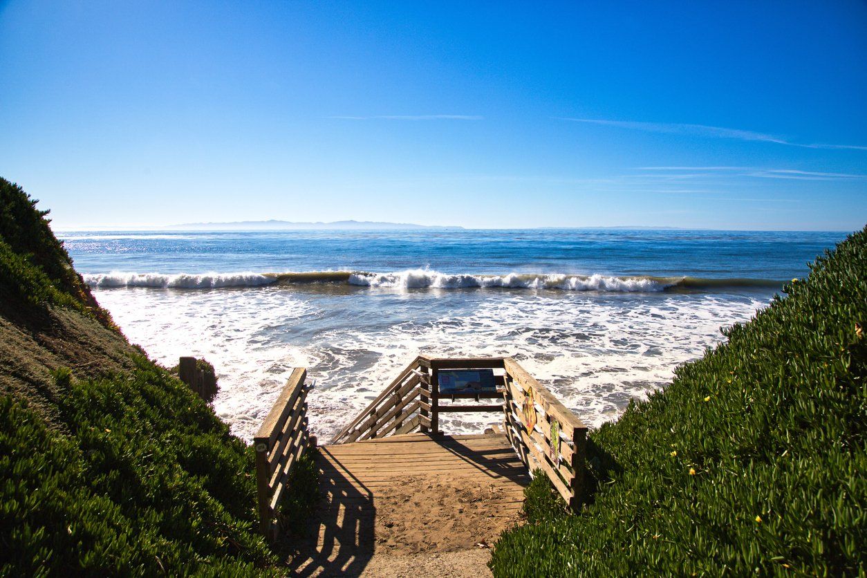 a wooden walkway leading to the ocean on a sunny day .