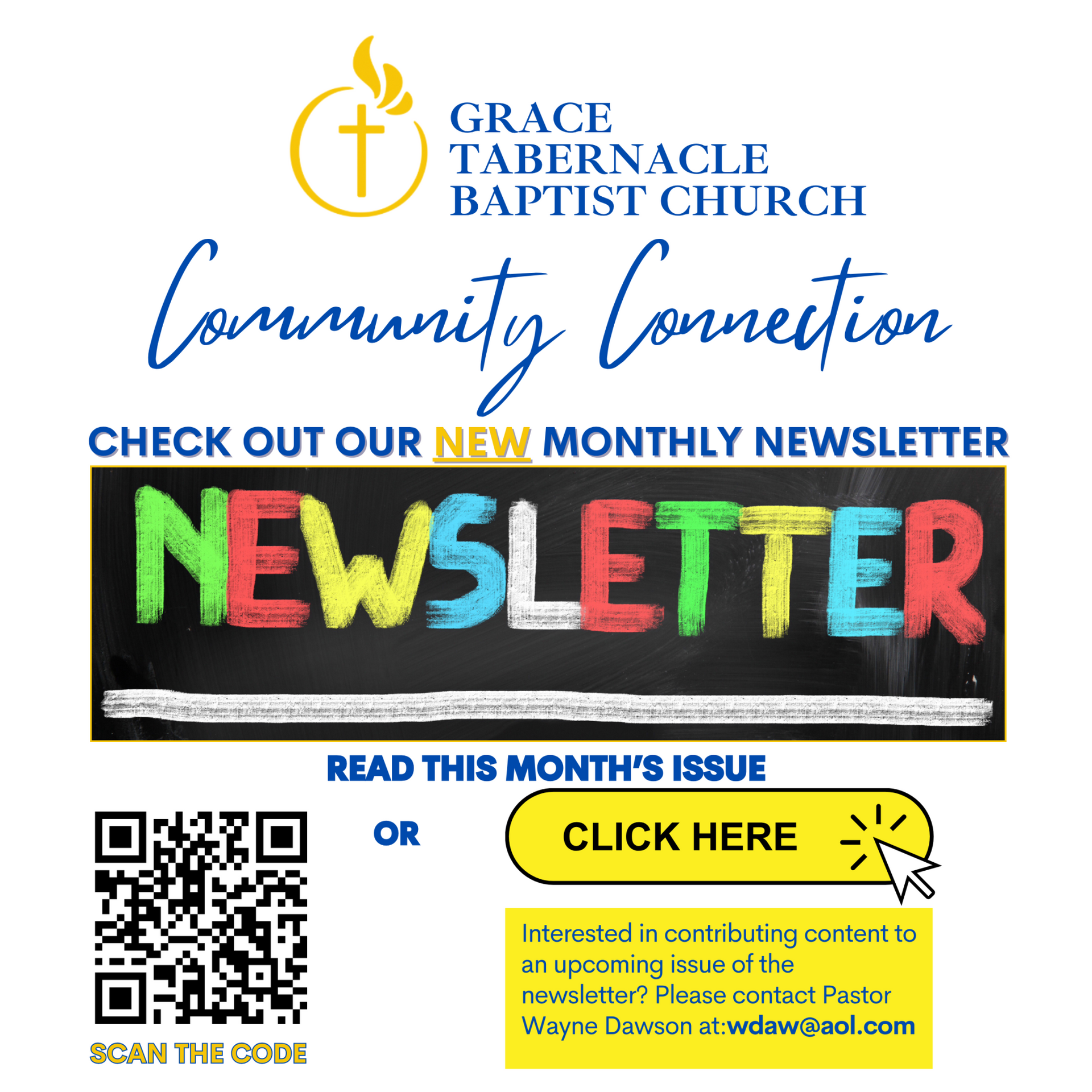 Grace Tabernacle Baptist Church newsletter announcement with a QR code and a link to read the current issue.
