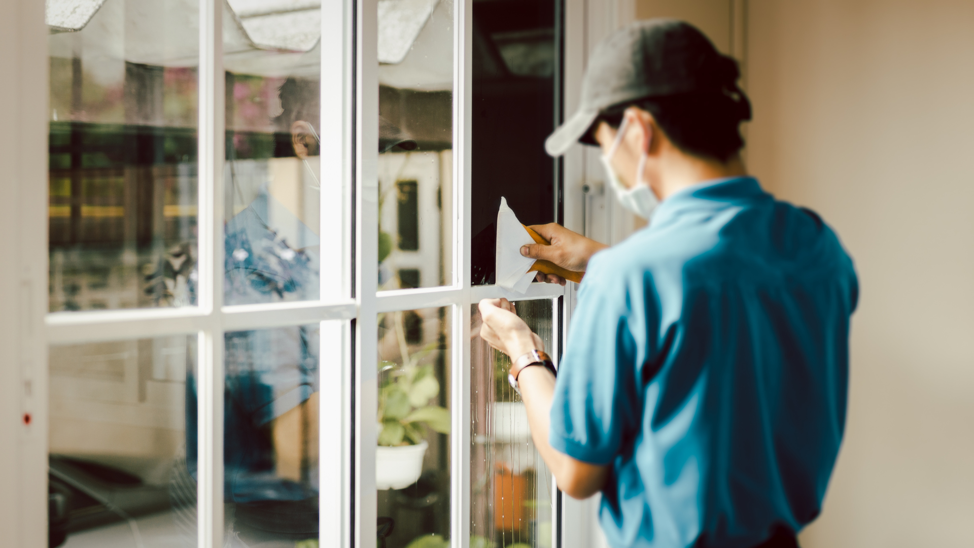 A man wearing a mask is cleaning a window.