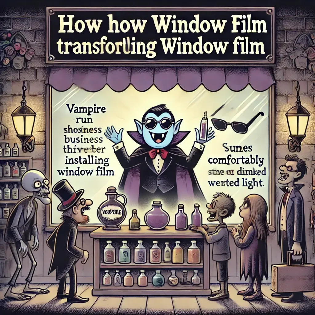 A cartoon of a vampire in a window film store