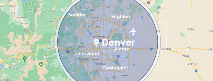 a map of denver , colorado with a circle around it .