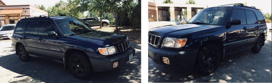 two pictures of a blue suv parked in a parking lot .