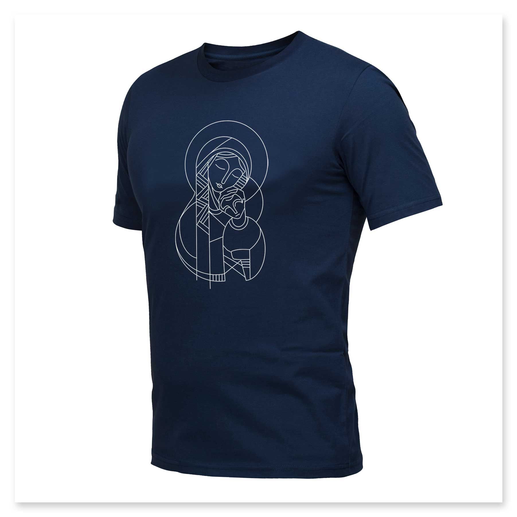 Een blauw t-shirt met een tekening van Jezus erop