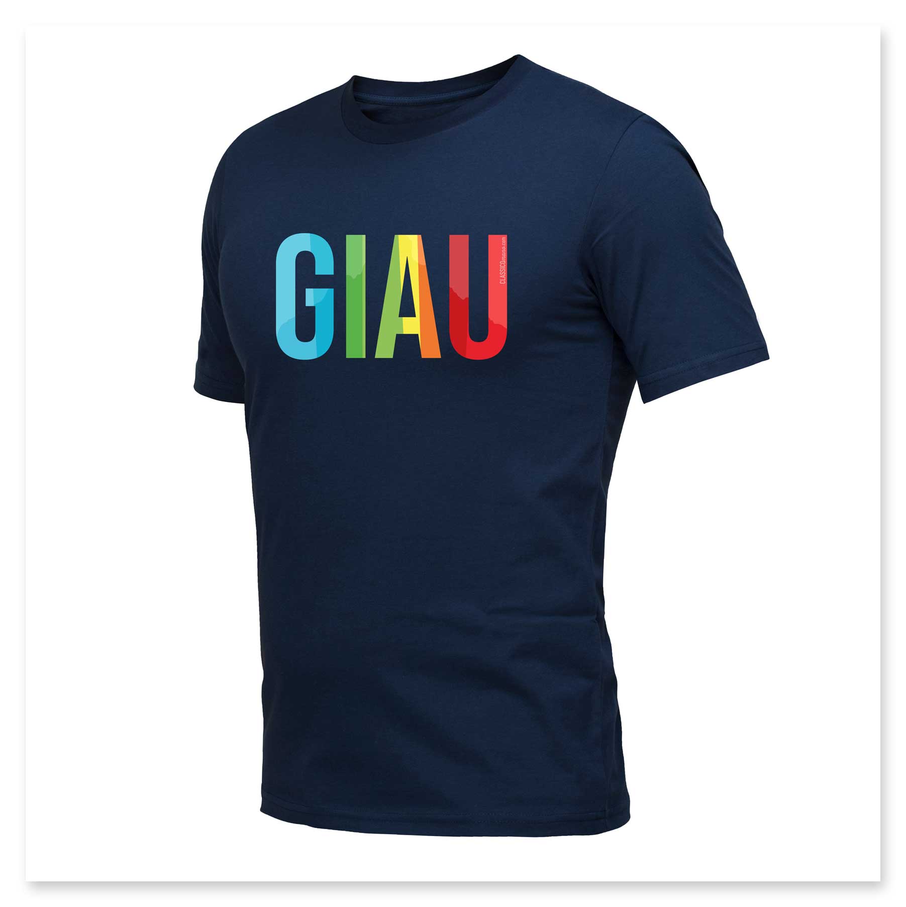 Een blauw t-shirt met het woord giau erop