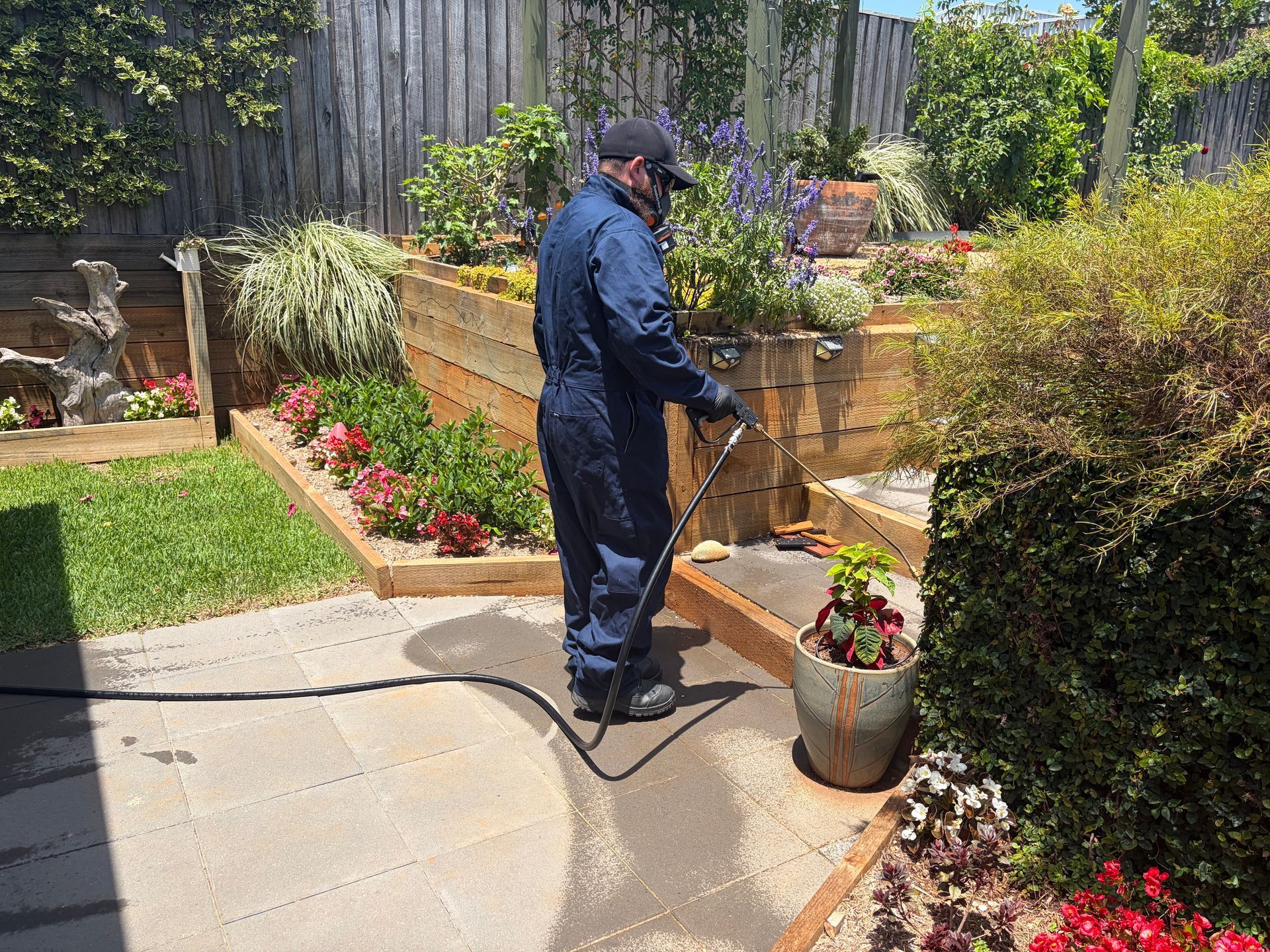 A worker in a blue jumpsuit sprays a liquid onto a paved walkway in a backyard garden setting  — FUMATEX In Laurieton, NSW