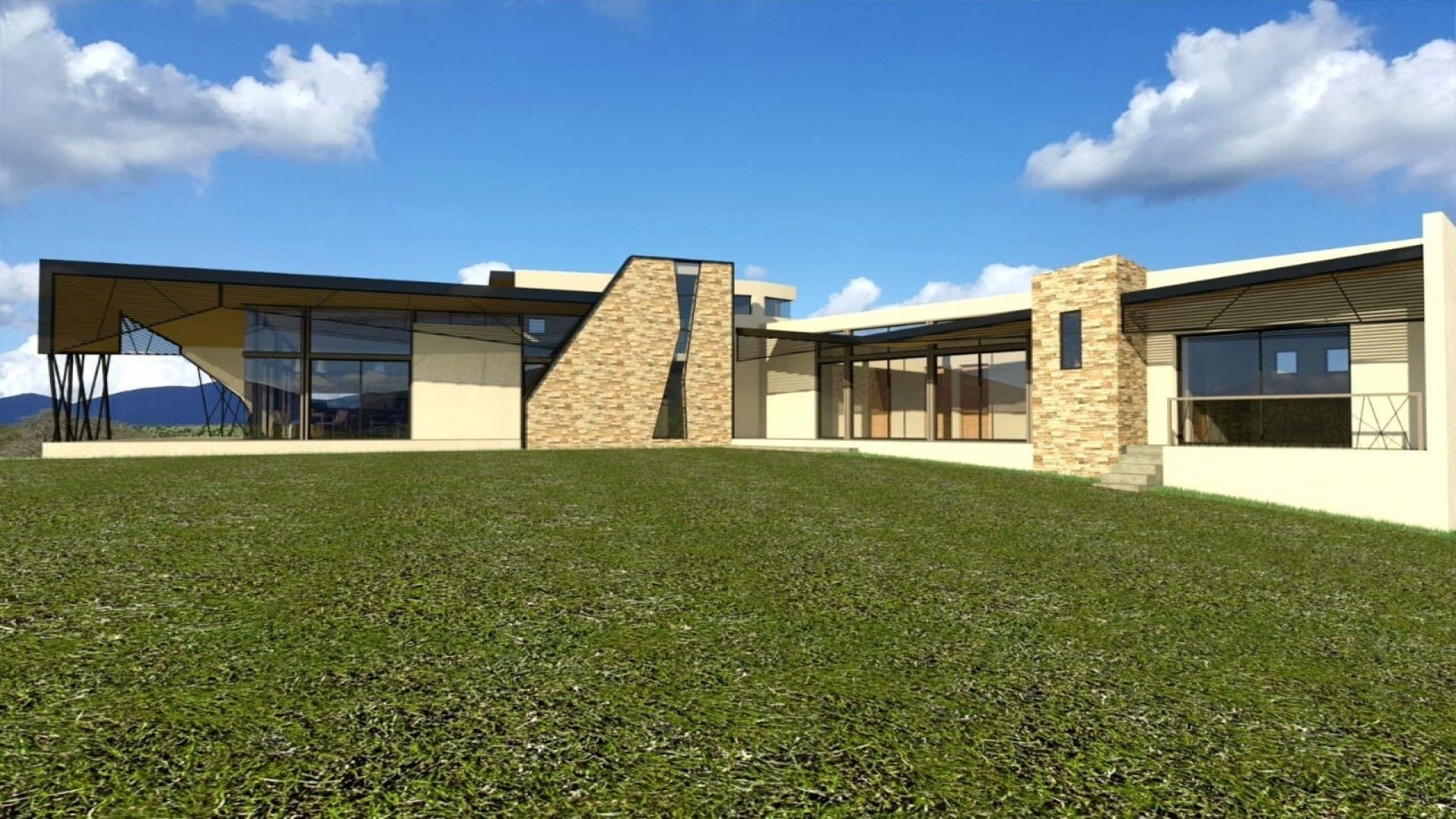 Una casa grande está situada encima de un exuberante campo verde.