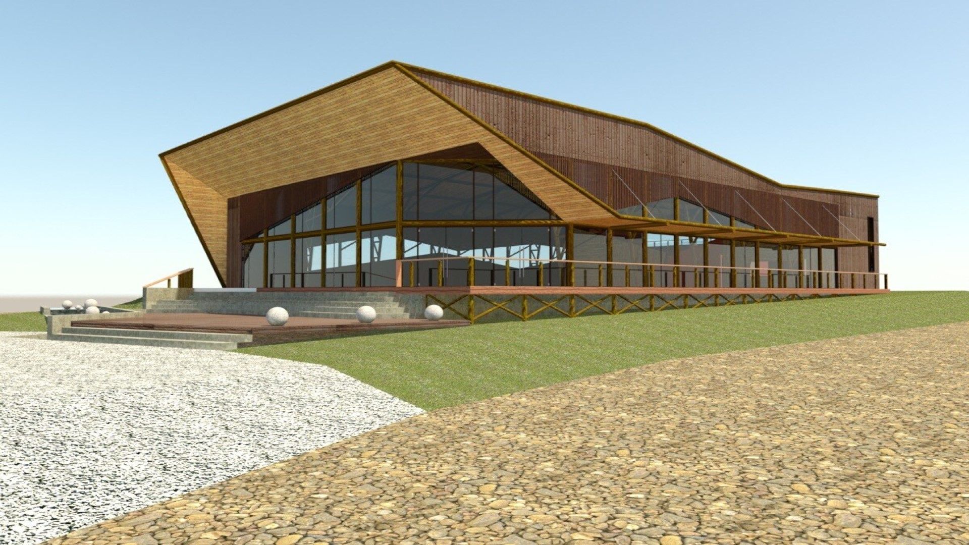 Impresión artística de un gran edificio con techo de madera.